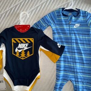 Nike Kids Bodysuit Set - Navy, Blue, and Yellow and Nike Pajamas 6-9 month bundl